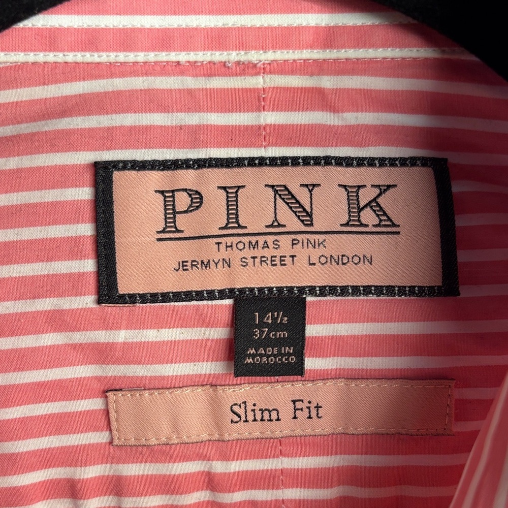 Thomas Pink Classic Pink and White Striped Shirt Size 14.5 Slim Fit 100% Cotton